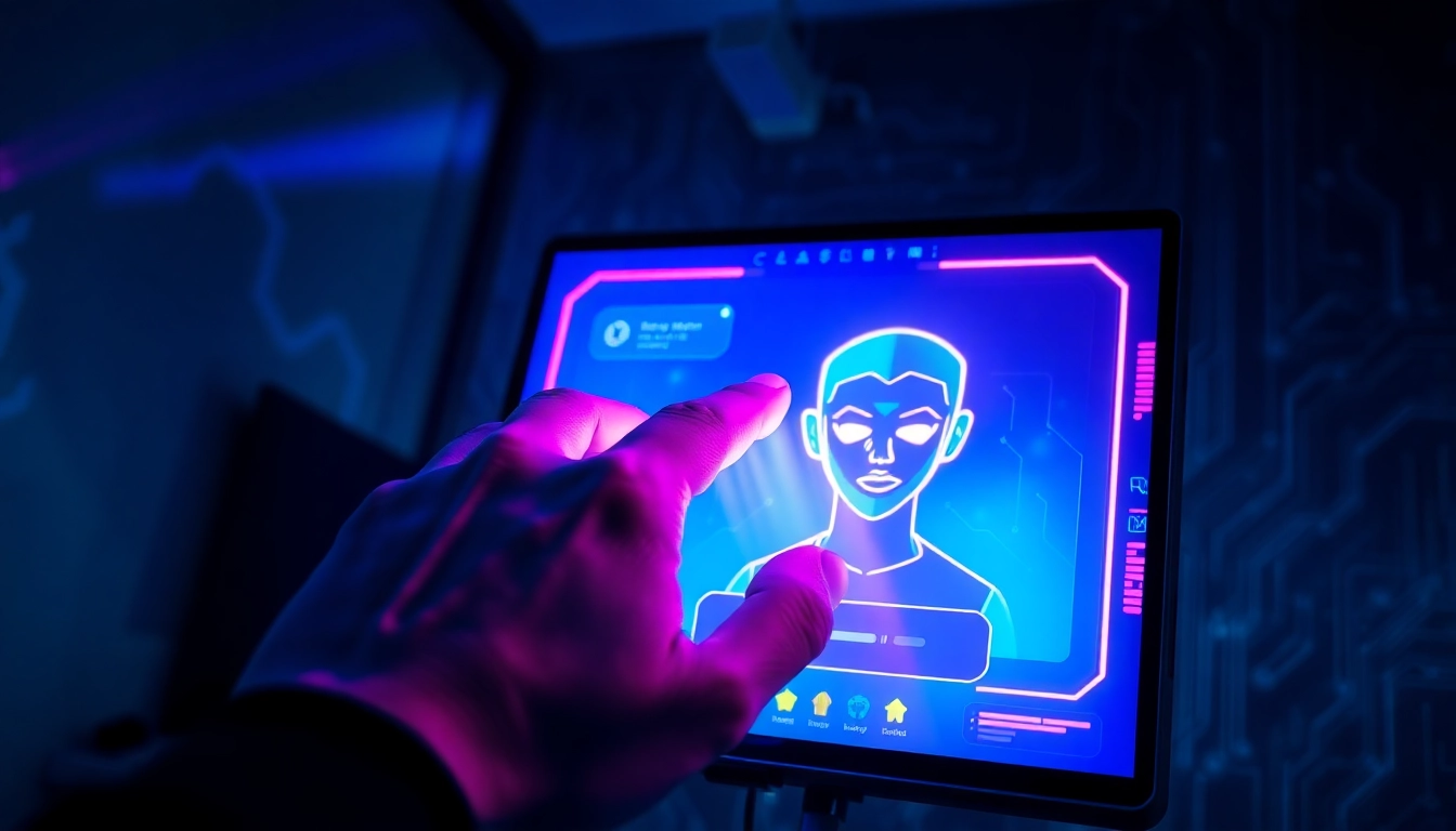 Futuristic AI chat interface on a digital screen with vibrant neon colors and a user interacting with it.