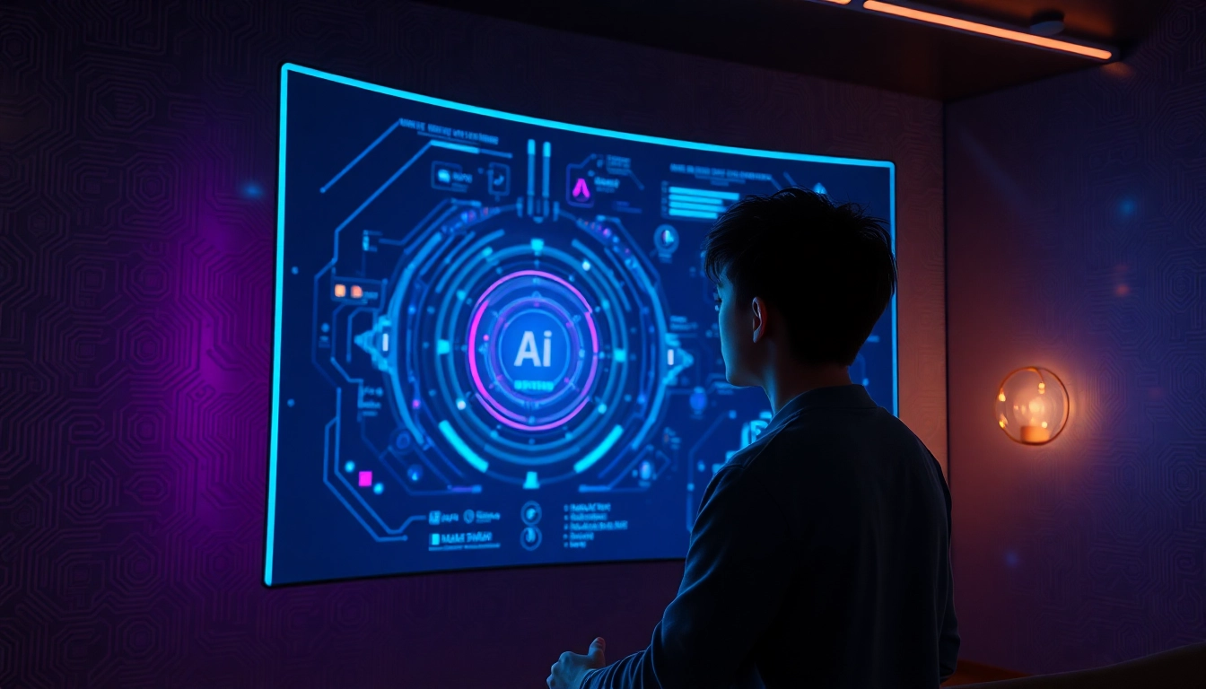 An advanced AI interface in a futuristic setting with a person engaging with a glowing digital screen, dim ambient lighting, and textured metallic surroundings.