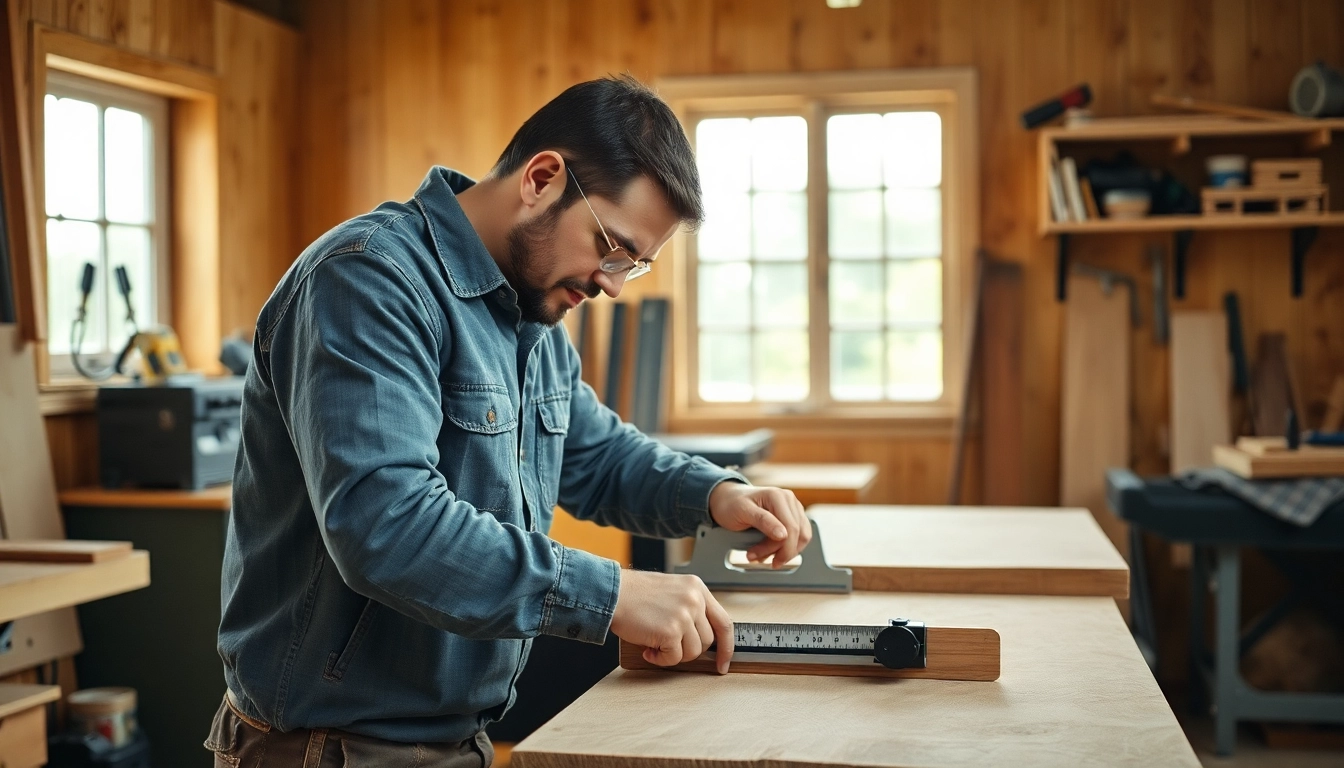 Professional carpentry work featuring precise measurements and craftsmanship in a bright, organized workshop setting.