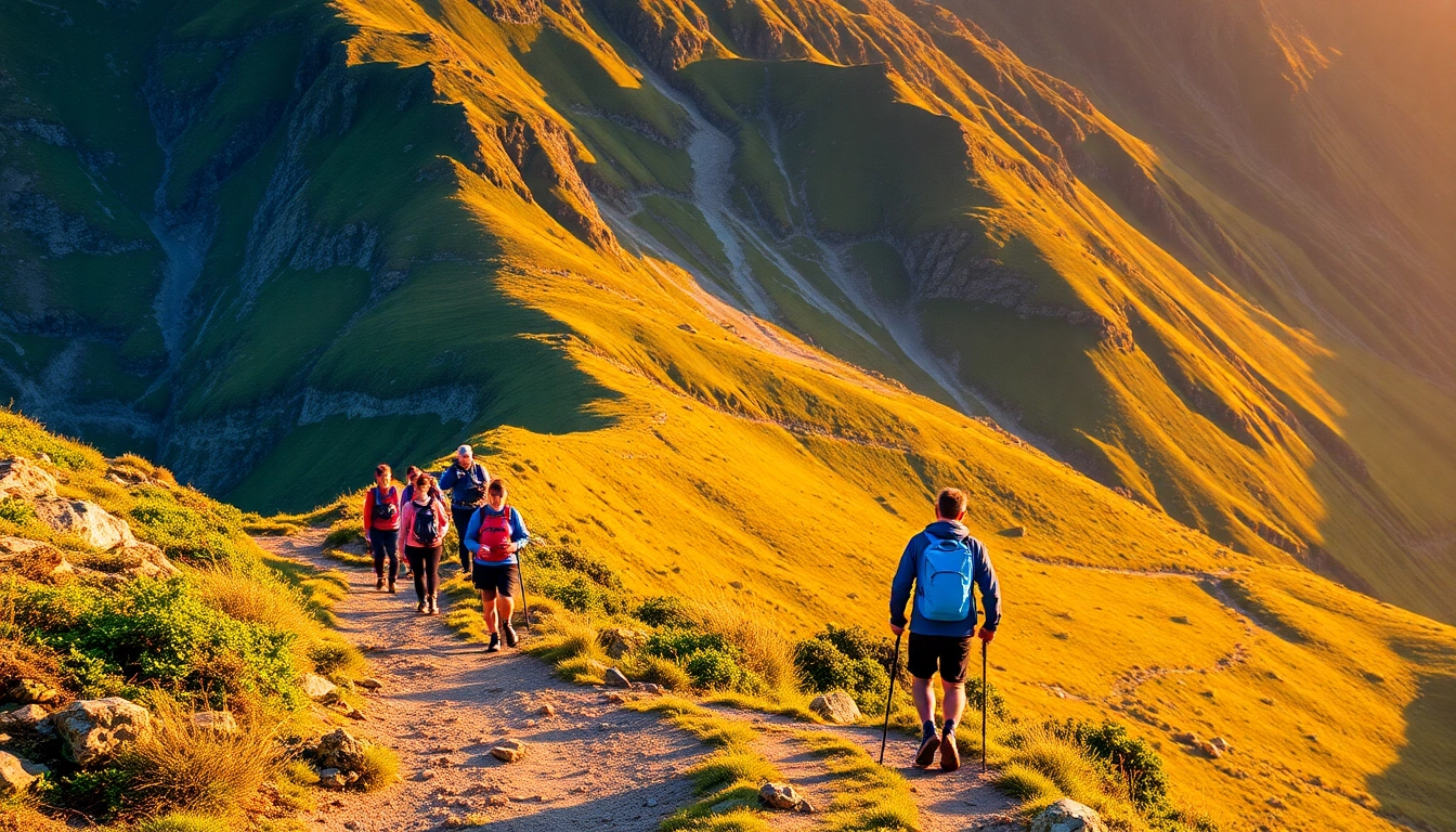 A guided trek group ascending mountain trail with an experienced guide in lush landscape, showcasing adventure and exploration in nature.