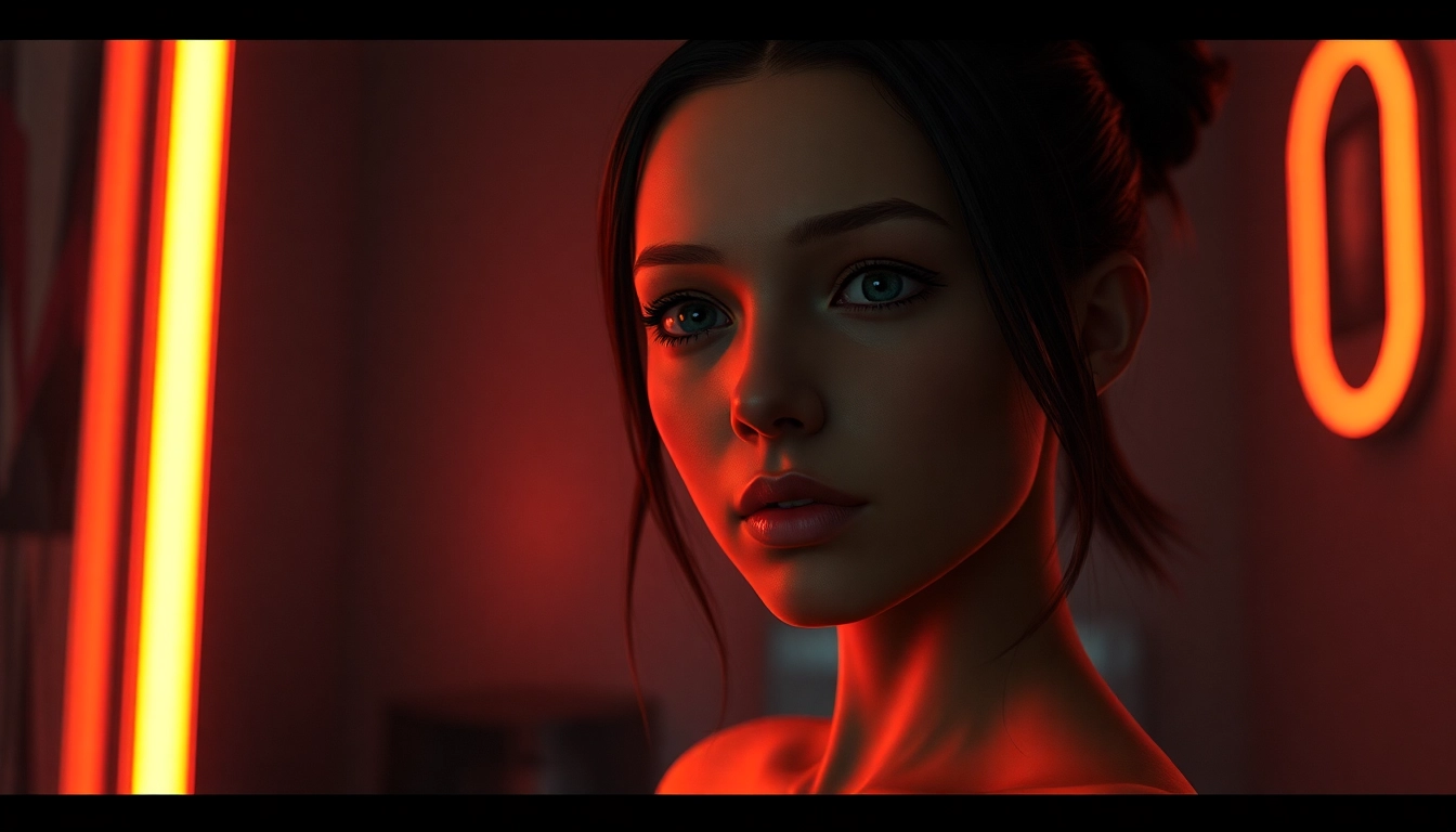 Hyperreal NSFW Image Generator scene: lifelike AI companion in a neon-lit room.
