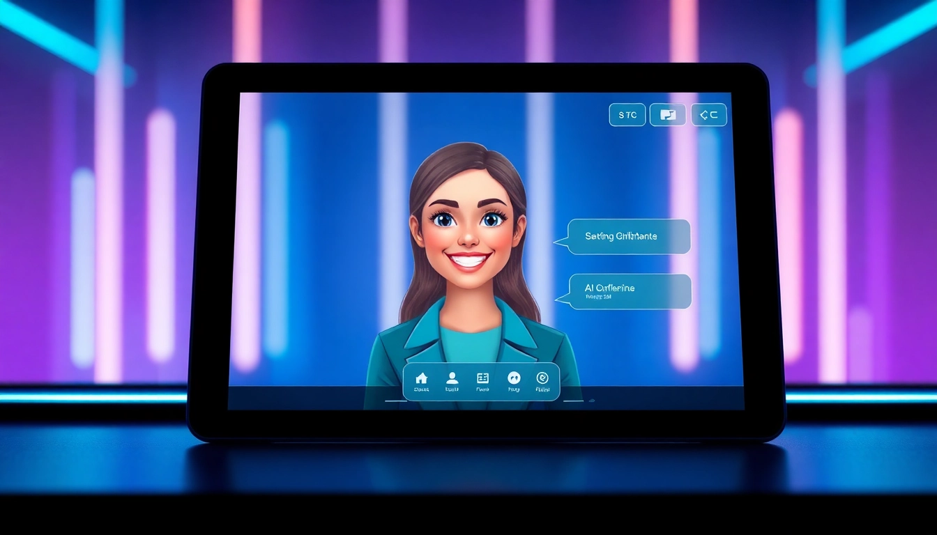 A friendly AI girlfriend avatar on a tablet screen with neon-lit background, representing advanced character AI chat technology.