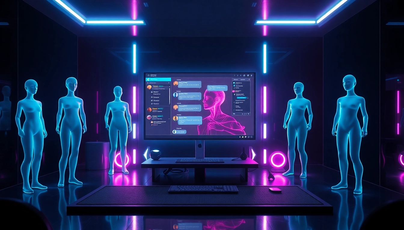 Futuristic digital environment with neon-lit chat interfaces and holographic AI characters