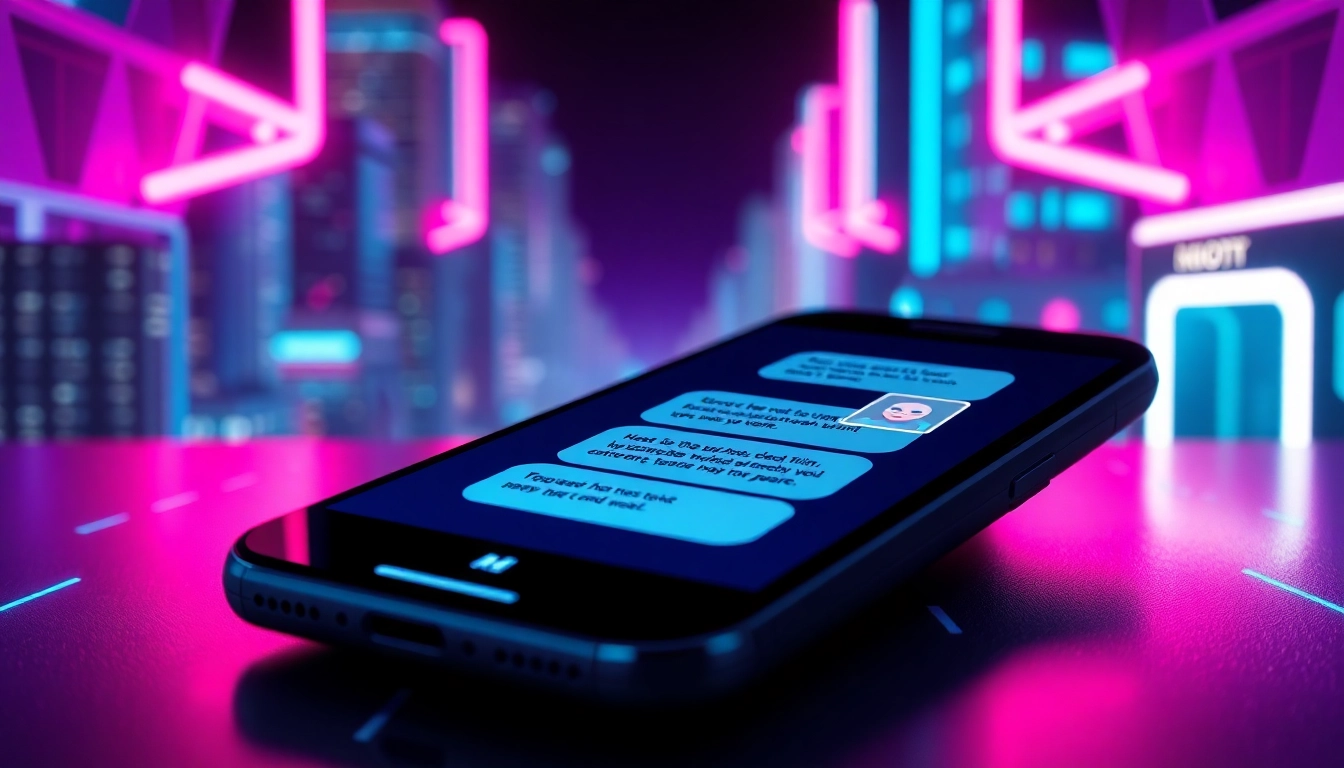 Futuristic smartphone displaying an AI chat interface with neon lights and cityscape background.