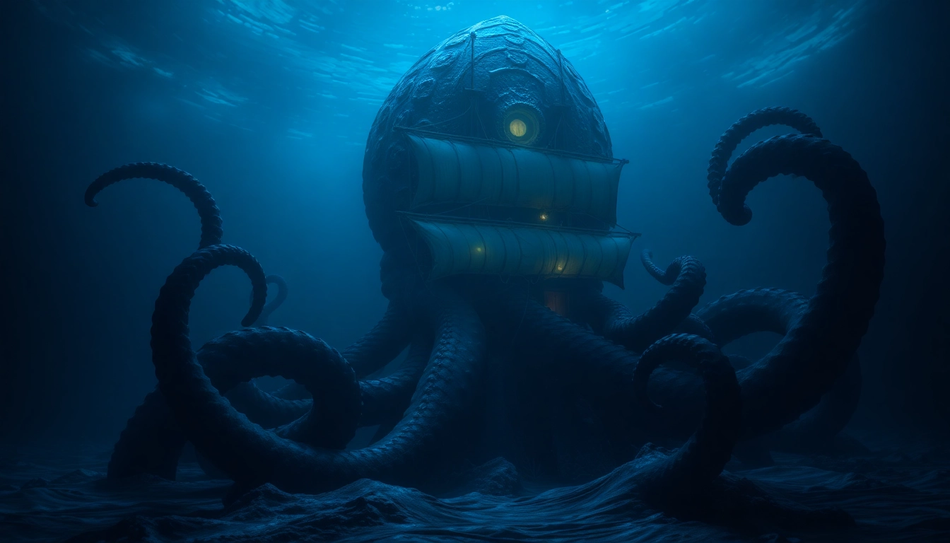Giant kraken tentacles grasping a ship, visible in the background, deep ocean setting, dark and