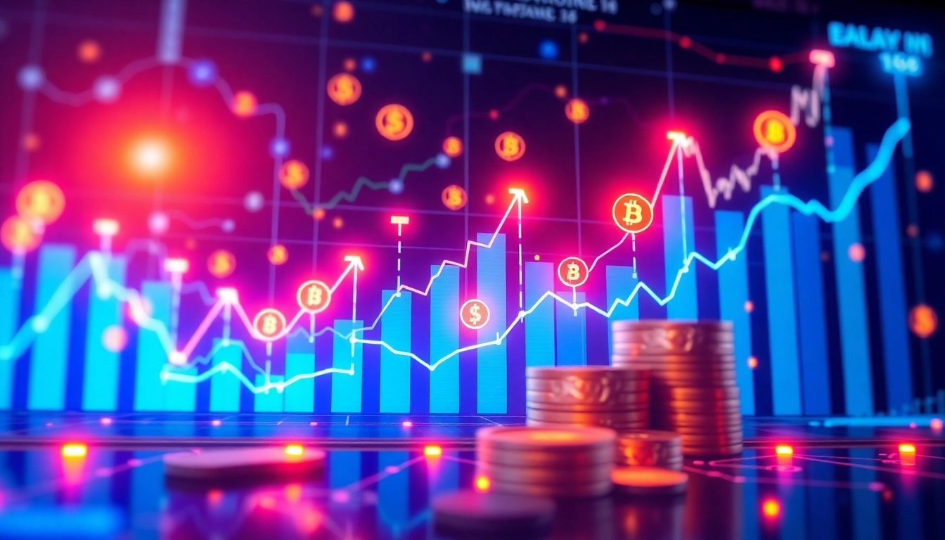 Cryptocurrency Market News updates with vibrant charts, coins, and market trends in a modern