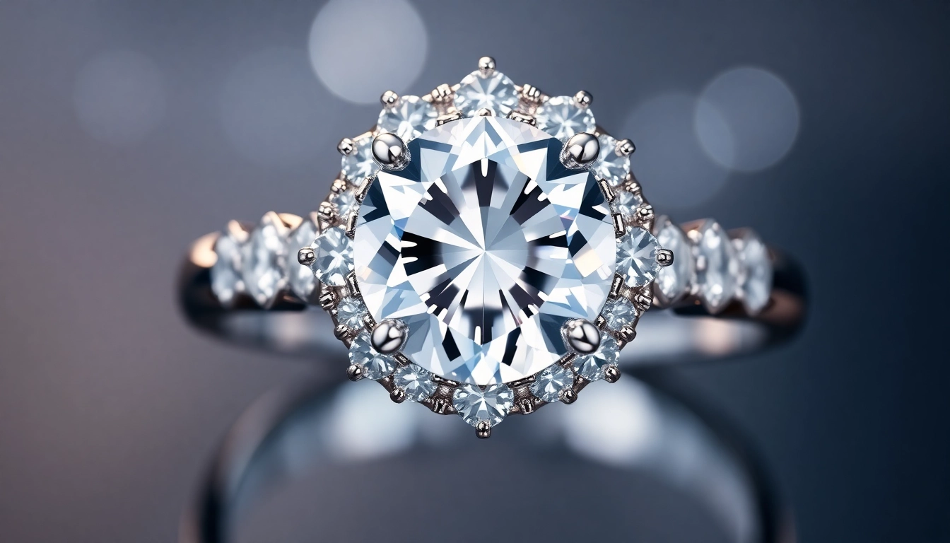 Detailed shot of a diamond ring featuring a large central stone and surrounding smaller