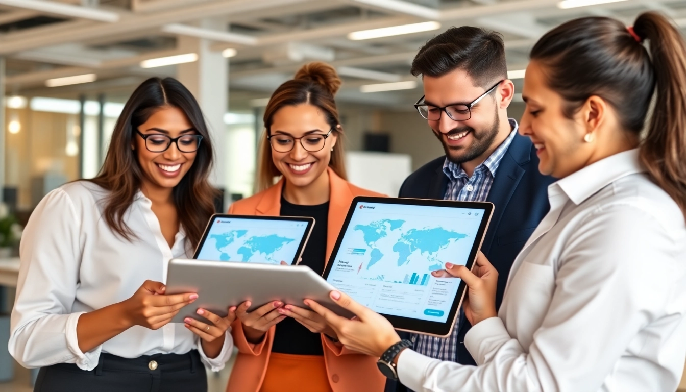 Global Startup Updates are showcased on digital screens with diverse professionals analyzing