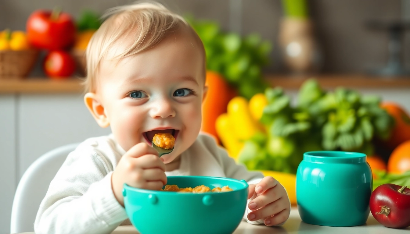 Healthy baby food Made in Italy showcased with a smiling baby eating organic pureed food from